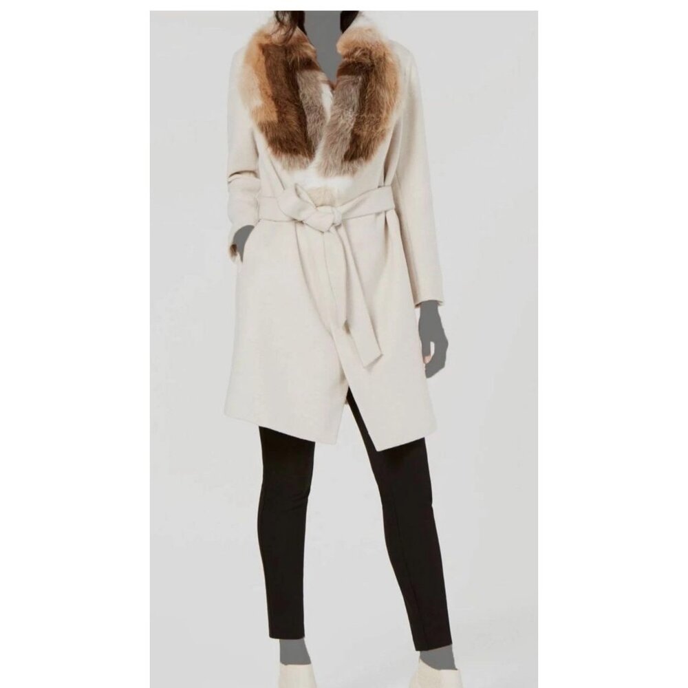 Alfani Womens L/XL Cream Faux Fur Collar Belted Wool Blend Coat professional